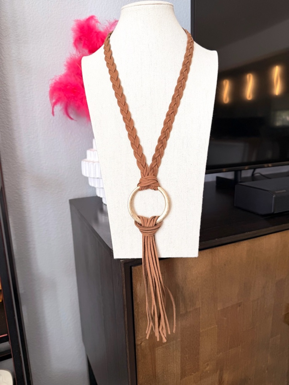 INC International Concepts Braided Tassel Necklace in Brown with Gold Ring - Picture 5 of 5